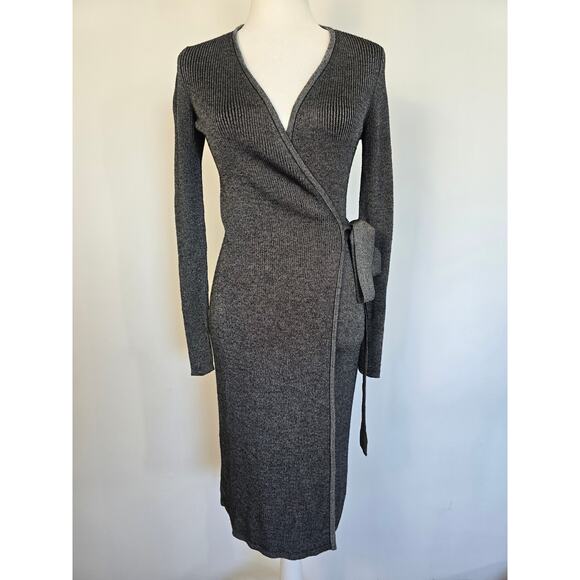 Diane von Furstenberg Grey/Silver Wool-Blend Wrap Midi Dress Sz XS/S - Picture 2 of 5